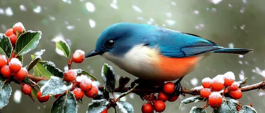 Bird on Holly Branch in Winter, with Snow