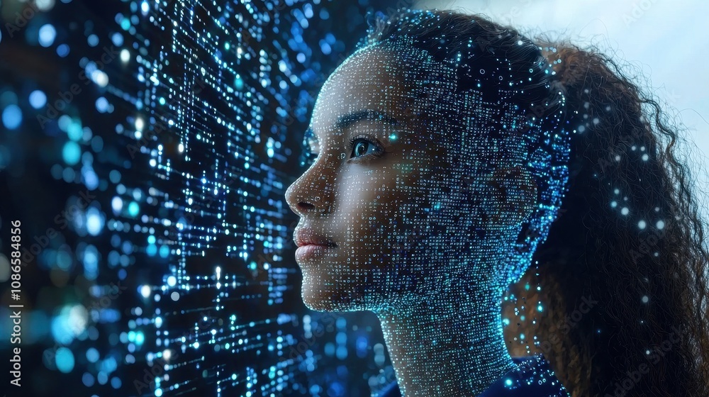 Aufkleber portrait of a young woman with digital data overlay, representing future technology and artificial i