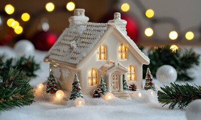 A small ceramic house with glowing windows sits in the snow. AI.