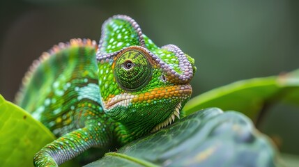 Obraz premium Vivid Green Chameleon Resting on Lush Green Leaves