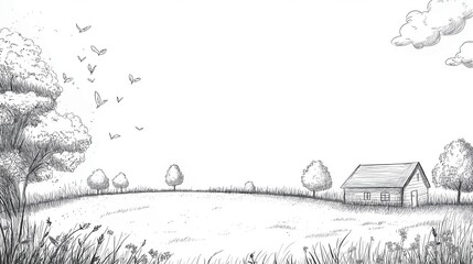 Fototapeta premium Rural Doodle with House and Nature Elements