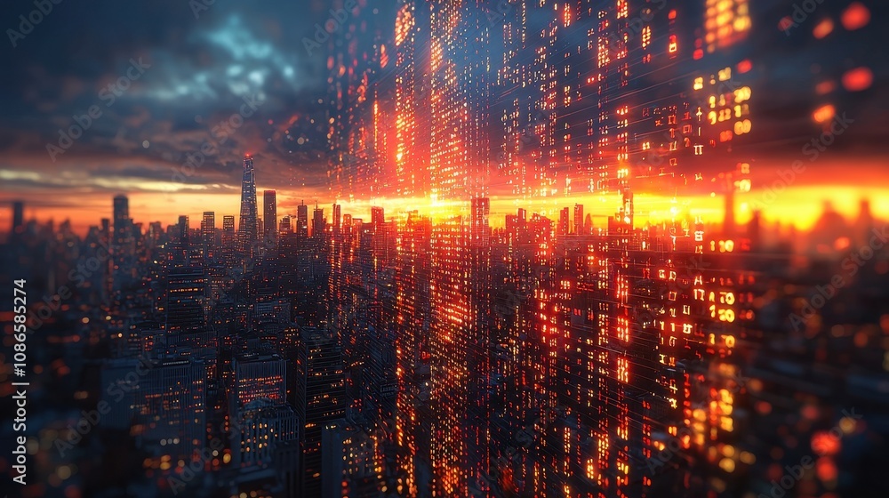 Aufkleber futuristic cityscape at sunset with glowing data streams representing digital transformation and urb
