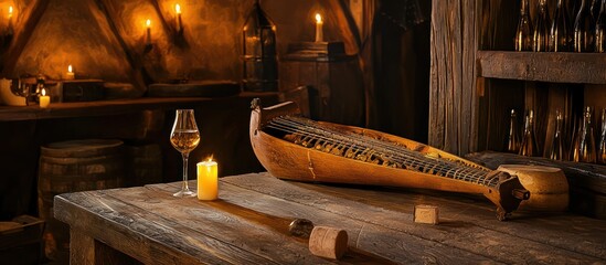 Fantasy tavern interior with Nordic hurdy gurdy, wooden decor, and a glass of wine.