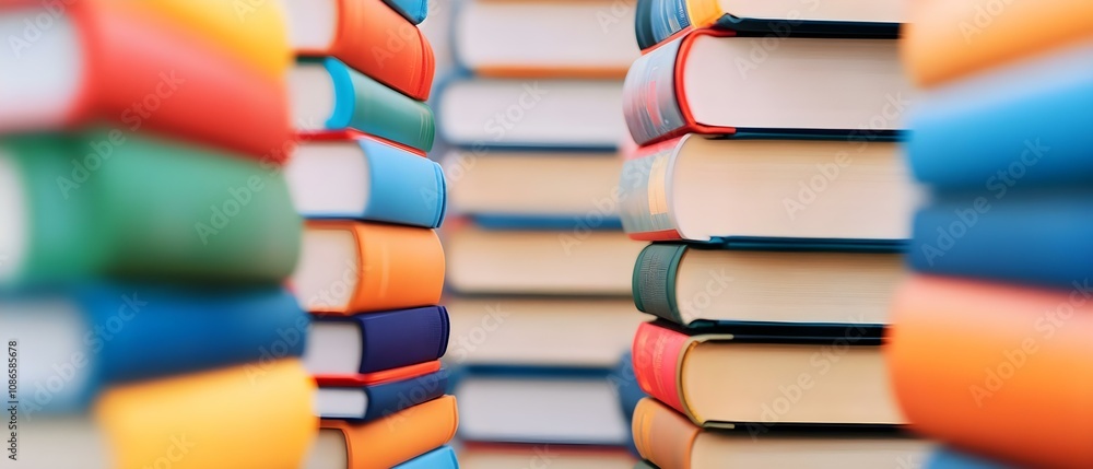 Poster Stacks of colorful books with visible spines, creating a visually appealing arrangement in a blurred background. Concept Colorful Book Arrangement, Blurred Background, Visible Spines, Stacked Books