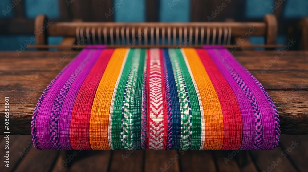 Poster vibrant textile on loom in artisan workshop with rich colors and intricate patterns showcasing tradi