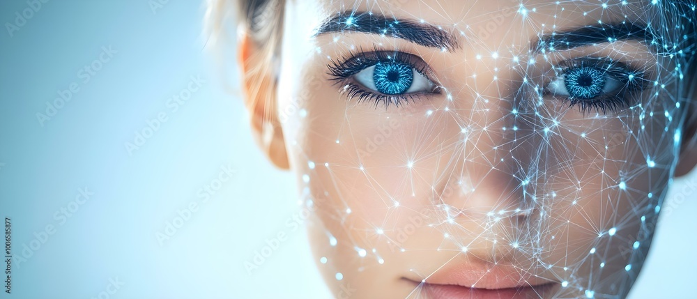 Poster a close-up of a woman's face with a digital network overlay representing advanced technology and art