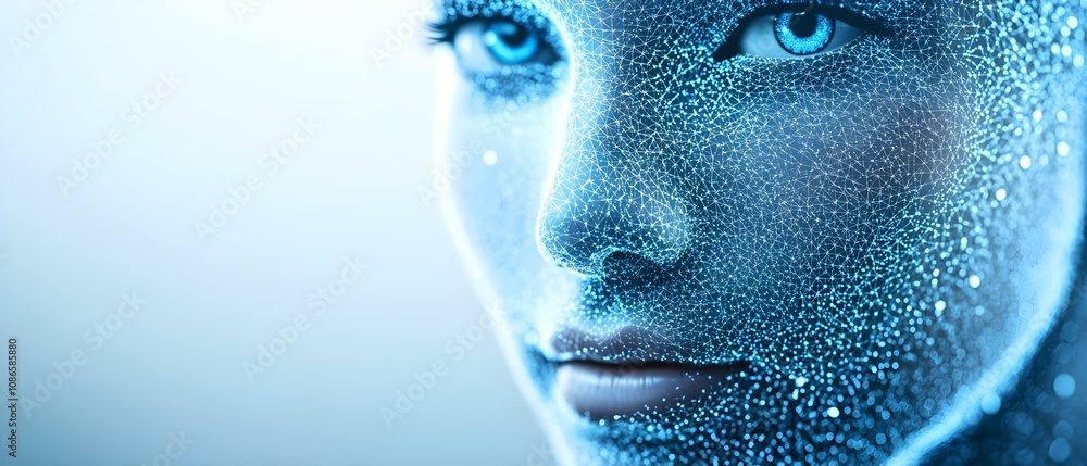 Poster a digital representation of a face with glowing, network-like patterns, emphasizing a futuristic and