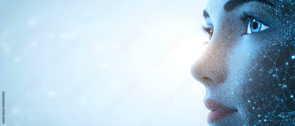 Poster a digital representation of a face composed of interconnected lines and nodes, symbolizing technolog