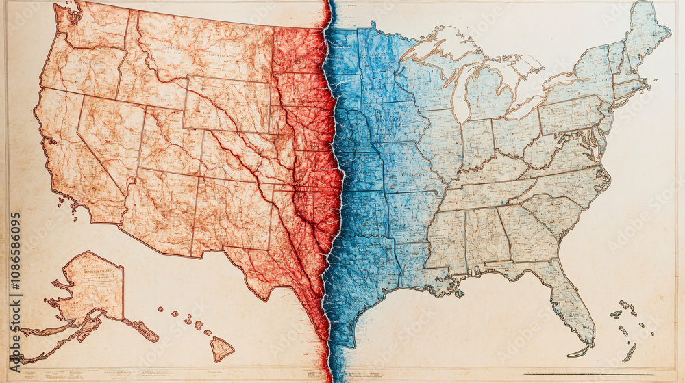 Poster a divided map of the u.s. split by red and blue fault lines, with earthquakes shaking each side