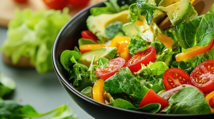 Closeup of a detox salad being tossed, vibrant colors of fatburning ingredients like avocados and leafy greens, detox salad, weight loss and healthy fats