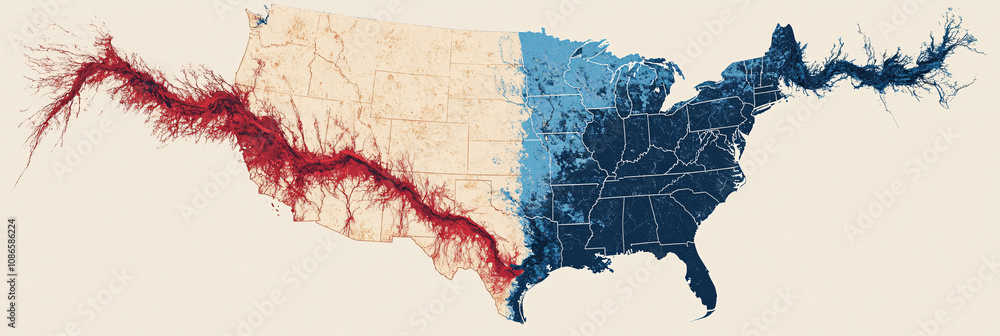 Poster a divided map of the u.s. split by red and blue fault lines, with earthquakes shaking each side