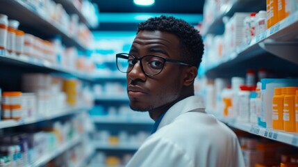 Fototapeta premium A confident young pharmacist is surrounded by shelves full of medicines and health products. His determination reflects the essence of modern healthcare. Generative AI