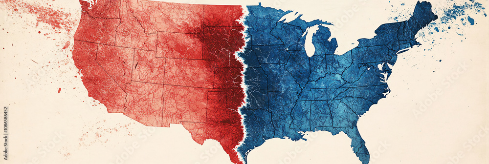 Poster a divided map of the u.s. split by red and blue fault lines, with earthquakes shaking each side