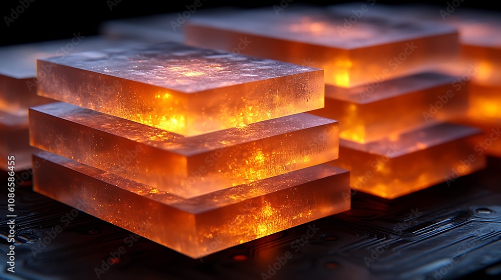 Poster close-up view of a circuit board with overlaid transparent plates illuminated by glowing light effec