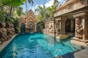 A swimming pool inside a Bali theme resort 