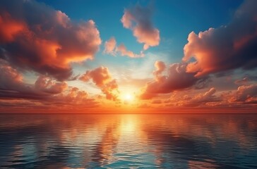 Obraz premium Vibrant Sunset Over Calm Ocean Water Sky Clouds