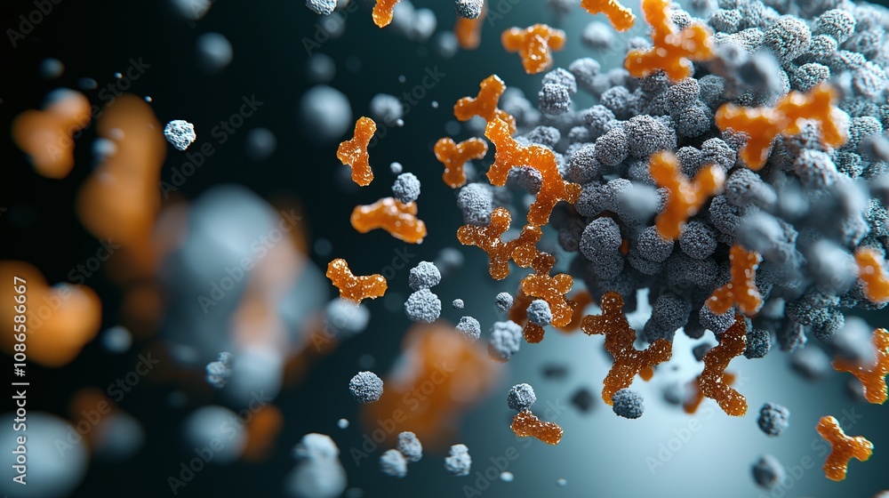 Poster abstract visualization of cancer cells featuring a dynamic interplay of orange and gray particles, r