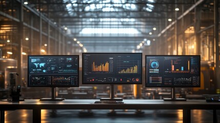 A modern workspace featuring three monitors displaying data analytics in a warehouse setting with soft lighting and industrial ambiance.