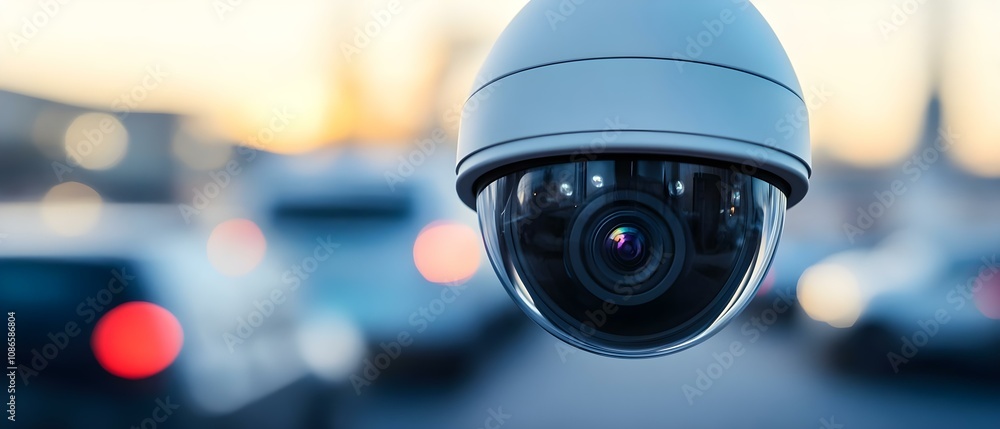 Poster a security camera is focused on a blurred background, capturing a scene with soft bokeh effects. con