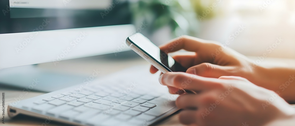 Poster a person using a smartphone while sitting at a desk with a computer keyboard in the background. conc