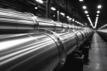 Fototapeta premium Industrial Metal Pipes Factory Manufacturing Steel Chrome Shiny Polished Tubes Cyl