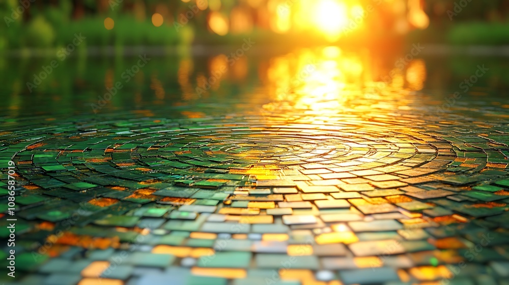 Poster Close-up View of Intricate Circuitry Patterns Showcasing a Beautiful Blend of Colors with a Glowing Light Reflection on a Smooth Surface at Sunset