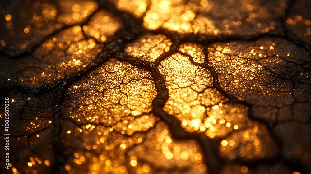 Poster close-up view of chaotic yet structured net with glimmering gold and intricate patterns captured in 