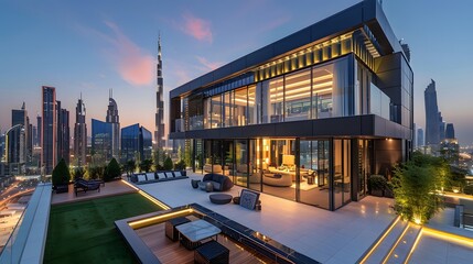 The photo showcases an opulent rooftop office terrace overlooking the Dubai skyline, with a glowing Burj Khalifa in the distance and lush greenery surrounding a luxurious workspace. Photography, Natio