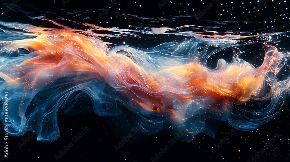 Poster close-up view of a circuit board overlaid with abstract colorful waves of light in an artistic displ
