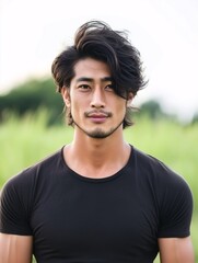 Male with Stylish Long Hair Poses Outdoors Against a Lush Green Background in a Casual Black T-Shirt, Capturing Modern Asian Male Fashion Trends