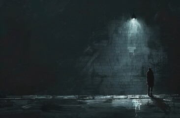 Fototapeta premium Solitary Figure Stands Illuminated By A Streetlight At Night