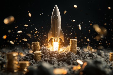 Obraz premium Rocket Launching Among Gold Coins