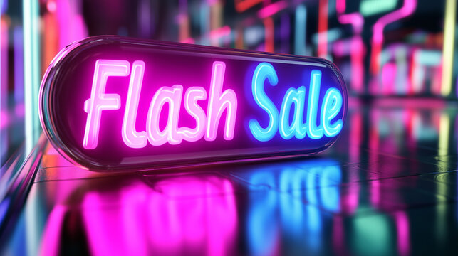 3D glowing letters for "Flash Sale" floating above a shiny, rotating product, with neon colors like bright pink, blue, and green.