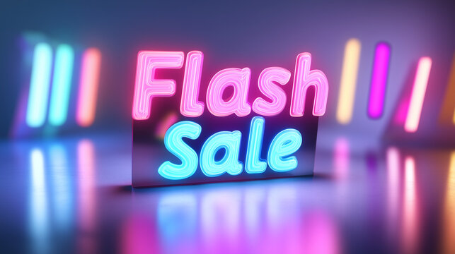 3D glowing letters for "Flash Sale" floating above a shiny, rotating product, with neon colors like bright pink, blue, and green.
