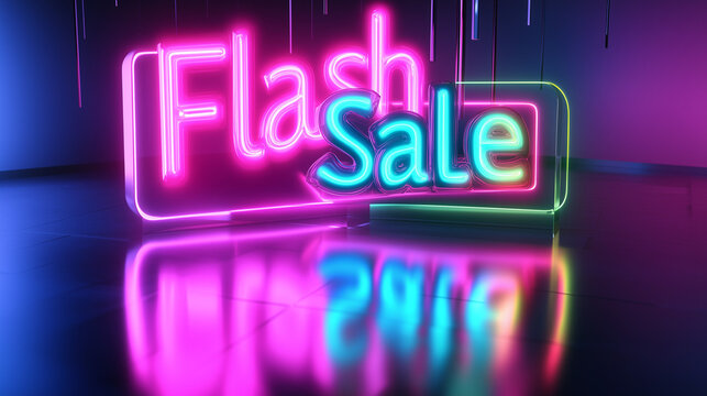 3D glowing letters for "Flash Sale" floating above a shiny, rotating product, with neon colors like bright pink, blue, and green.