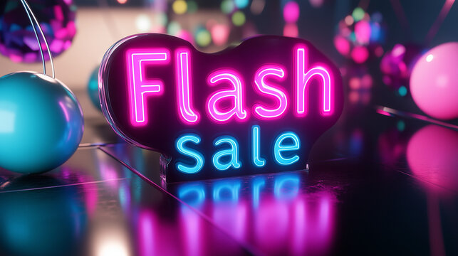 3D glowing letters for "Flash Sale" floating above a shiny, rotating product, with neon colors like bright pink, blue, and green. - Powered by Adobe