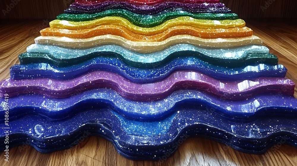 Poster vibrant fabric collage of textures and patterns featuring colorful waves of shimmering glitter in a 