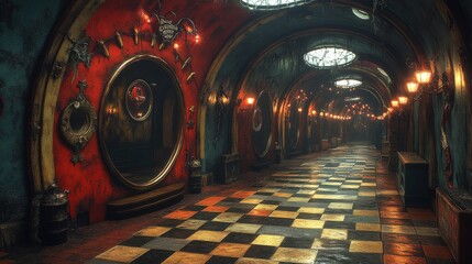 Obraz premium A dimly lit, ornate hallway with mirrors and patterned flooring, evoking a mysterious atmosphere.