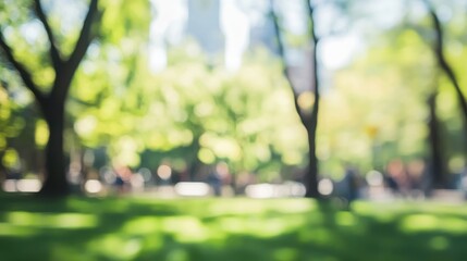 A sunny park scene filled with vibrant green trees and blurred city buildings in the background during the afternoon hours