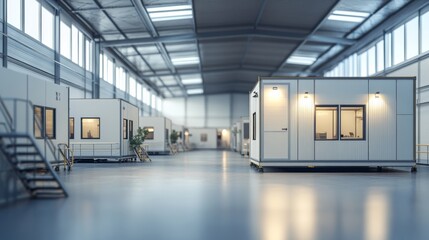 A modern, spacious industrial interior featuring modular containers, large windows, and a clean, well-lit environment.