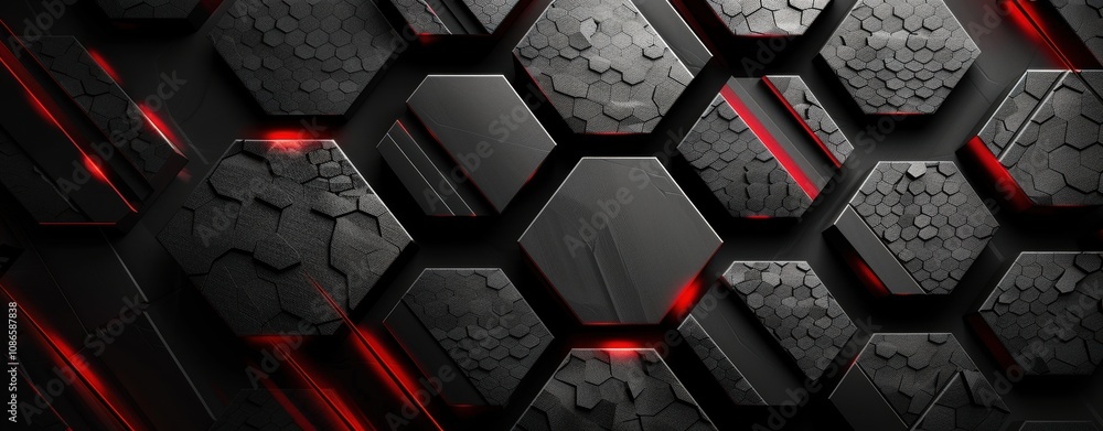 Poster Abstract Hexagonal Dark Grey Pattern with Red Accents