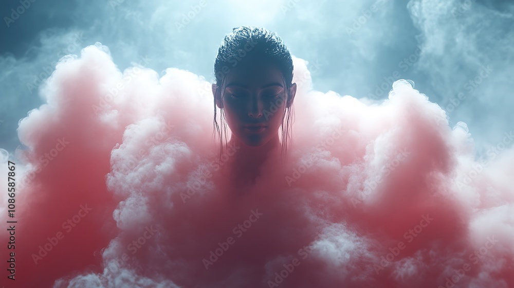 Poster vibrant digital explosion of colorful pixels creating a mystical ethereal effect in a cloud of smoke