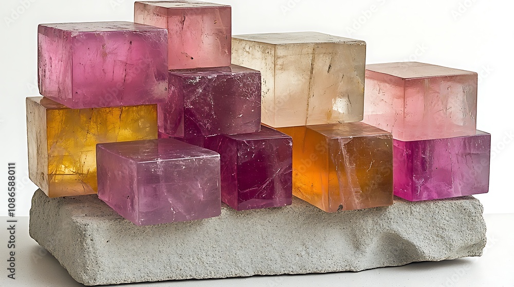 Poster conceptual art piece featuring colorful transparent blocks arranged on a stone base, showcasing ligh