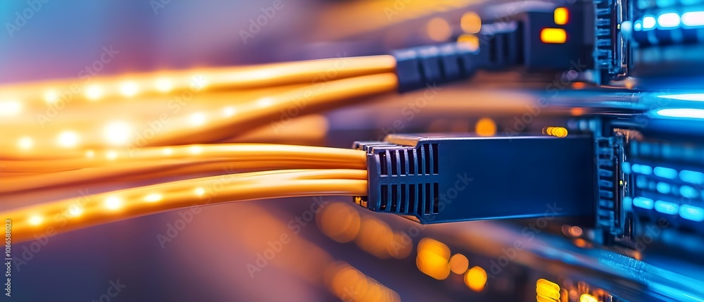 Poster network cables connected to servers, with glowing lights indicating data transmission and network ac