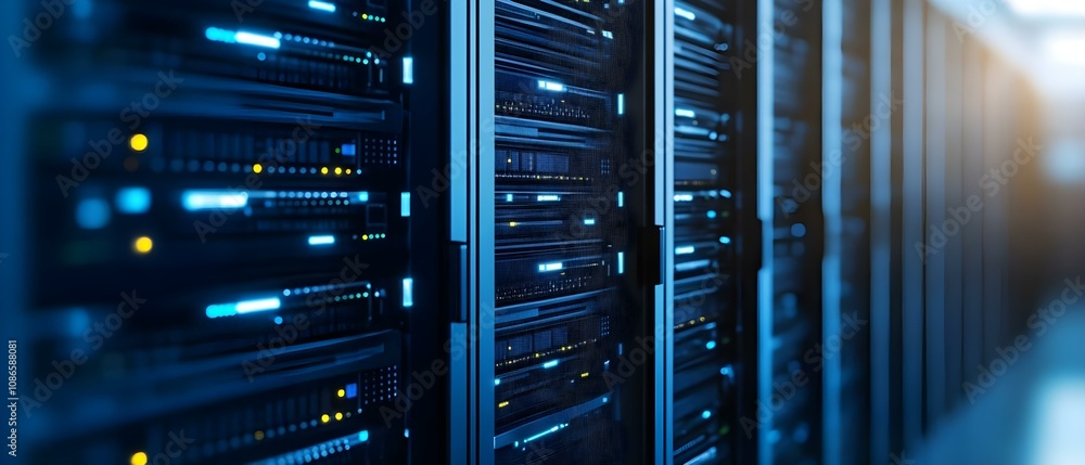 Poster a row of server racks in a data center, illuminated by blue and yellow lights, showing high-tech dig