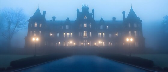 Obraz premium A dark, foggy mansion with gothic architecture, illuminated by street lamps, creating a mysterious atmosphere. Concept Gothic Architecture, Dark Foggy Mansion, Mysterious Atmosphere