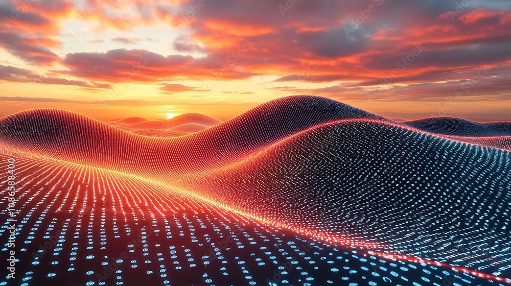 Poster futuristic digital landscape with rolling hills and vivid sunset displaying waves of data and light 