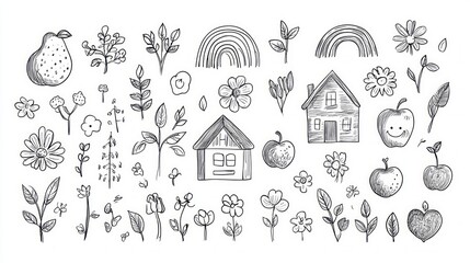 Naklejka premium A collection of hand-drawn illustrations featuring a house, flowers, fruits, and a rainbow.