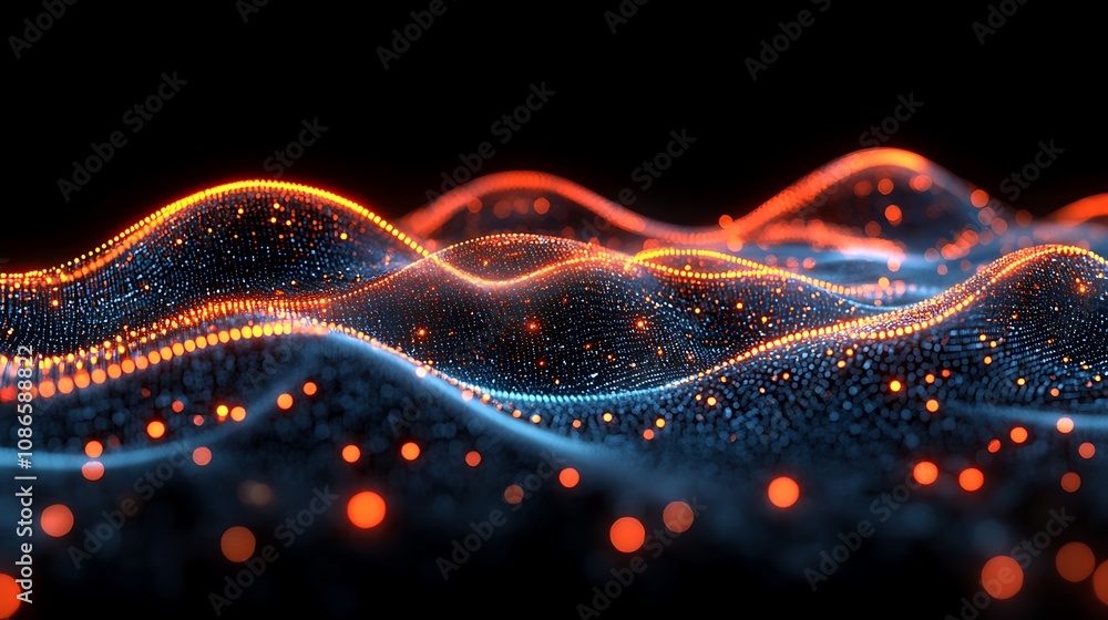 Poster digital landscape visualization with vibrant waves of light and color abstract representation of dat