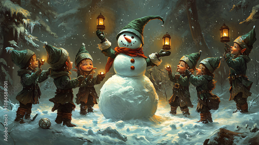Poster a group of elves building a snowman, each holding small floating lanterns that cast a warm glow
